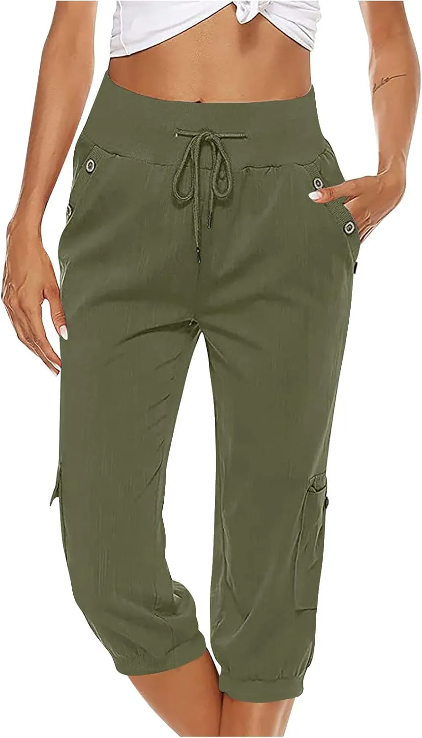 SMIDOW Capri Pants for Women Dressy Casual Drawstring Elastic High Waist Cotton Linen Trousers Active Running Sweatpants