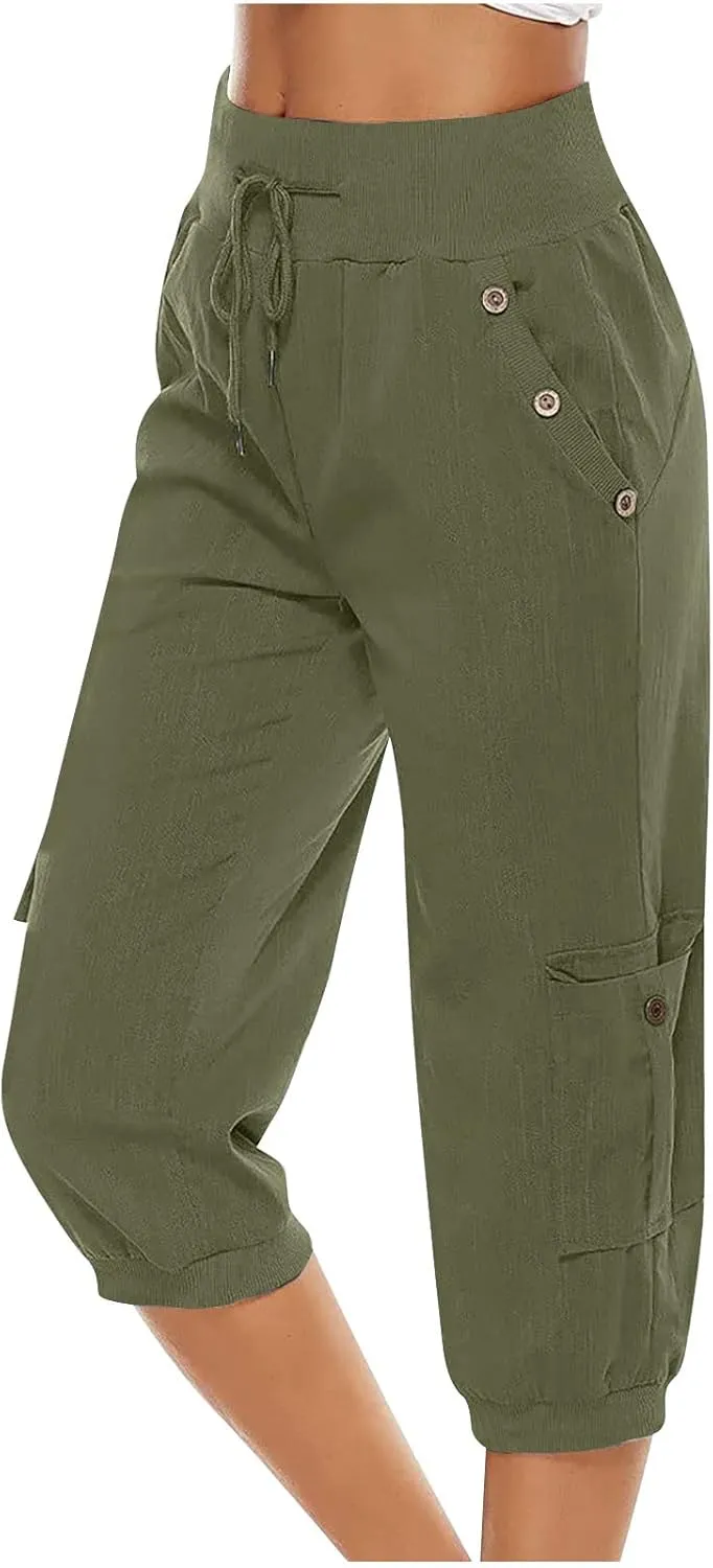 SMIDOW Capri Pants for Women Dressy Casual Drawstring Elastic High Waist Cotton Linen Trousers Active Running Sweatpants
