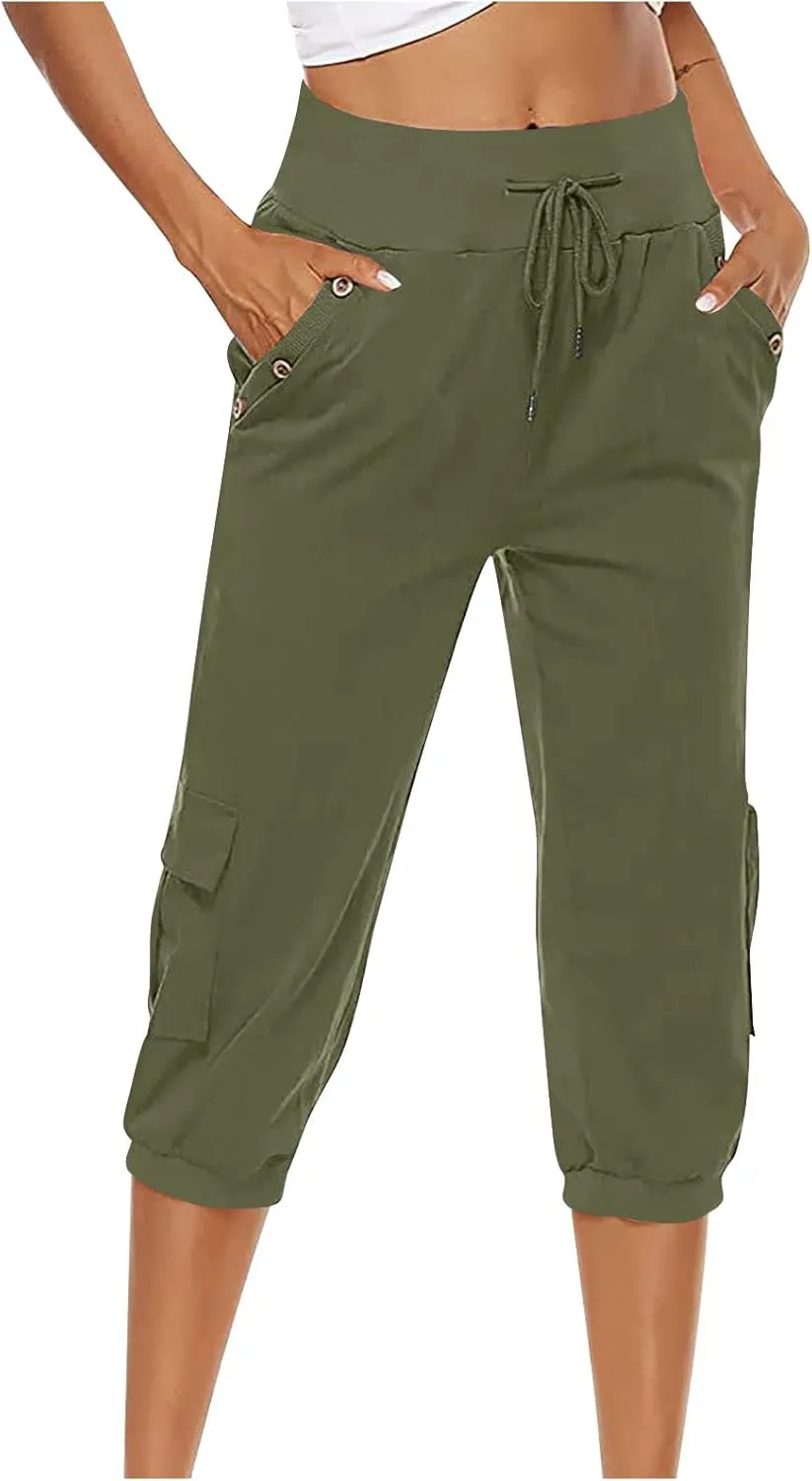 SMIDOW Capri Pants for Women Dressy Casual Drawstring Elastic High Waist Cotton Linen Trousers Active Running Sweatpants