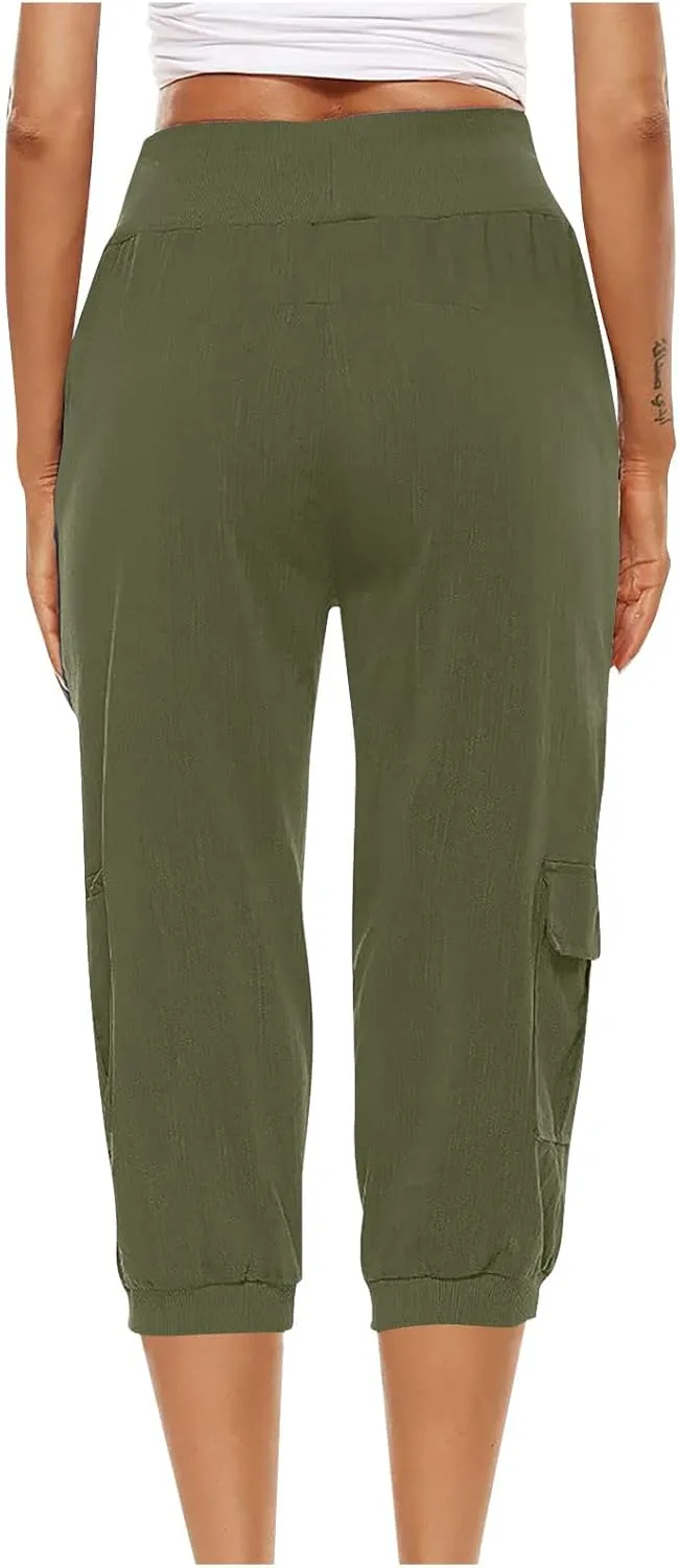 SMIDOW Capri Pants for Women Dressy Casual Drawstring Elastic High Waist Cotton Linen Trousers Active Running Sweatpants