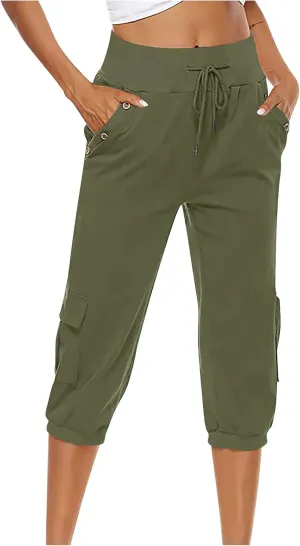 SMIDOW Capri Pants for Women Dressy Casual Drawstring Elastic High Waist Cotton Linen Trousers Active Running Sweatpants