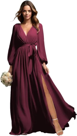 SOLODISH Women's Long Sleeve Bridesmaid Dresses for Wedding Chiffon Pleated Formal Evening Gown with Slit