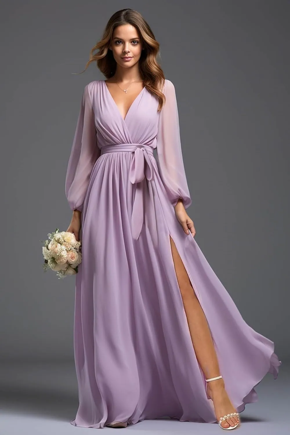 SOLODISH Women's Long Sleeve Bridesmaid Dresses for Wedding Chiffon Pleated Formal Evening Gown with Slit