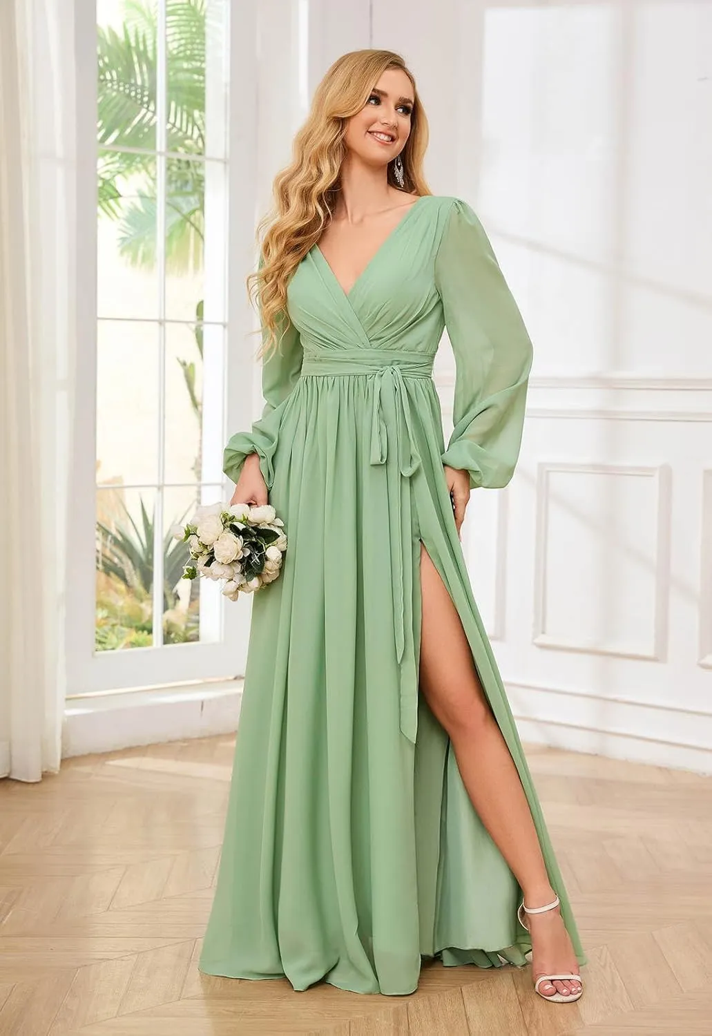 SOLODISH Women's Long Sleeve Bridesmaid Dresses for Wedding Chiffon Pleated Formal Evening Gown with Slit