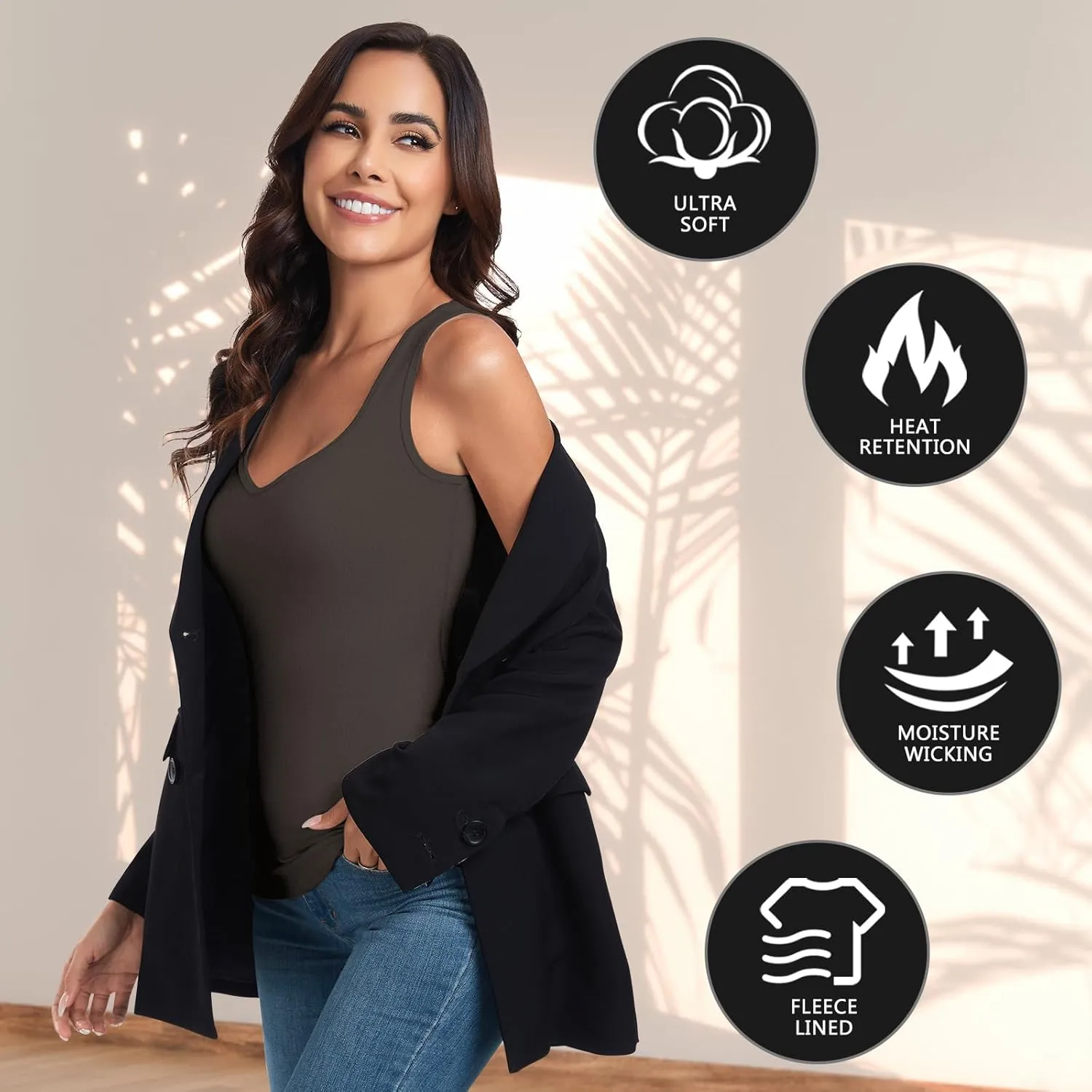 Soneven Sleeveless Thermal Shirts for Women Fleece Lined Thermal Tank Tops Camisole Warm Base Layer Vest Cold Weather