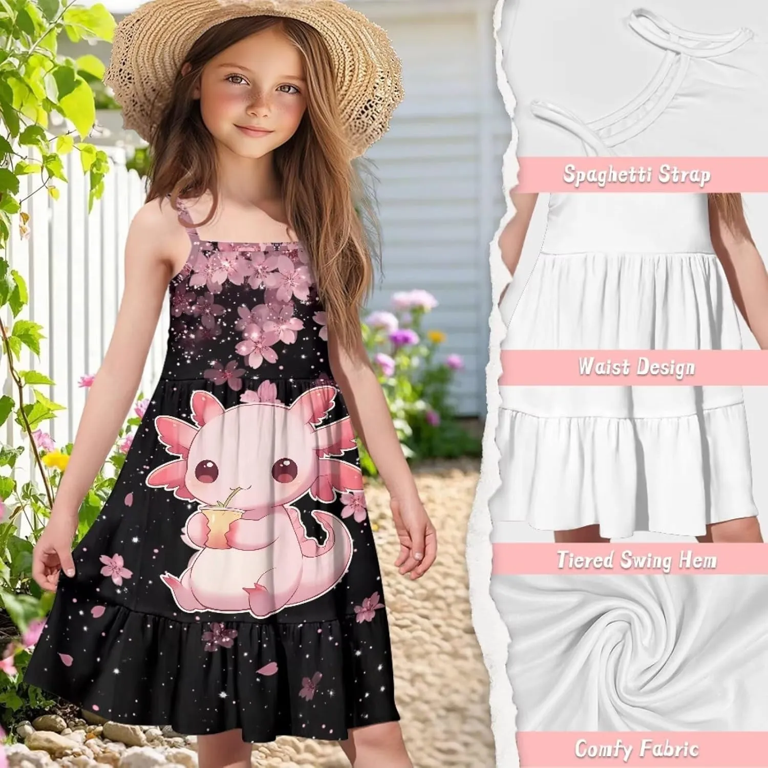 Spaghetti Strap Dresses for Girls 3-14Y Smocked Summer Flowy Dress