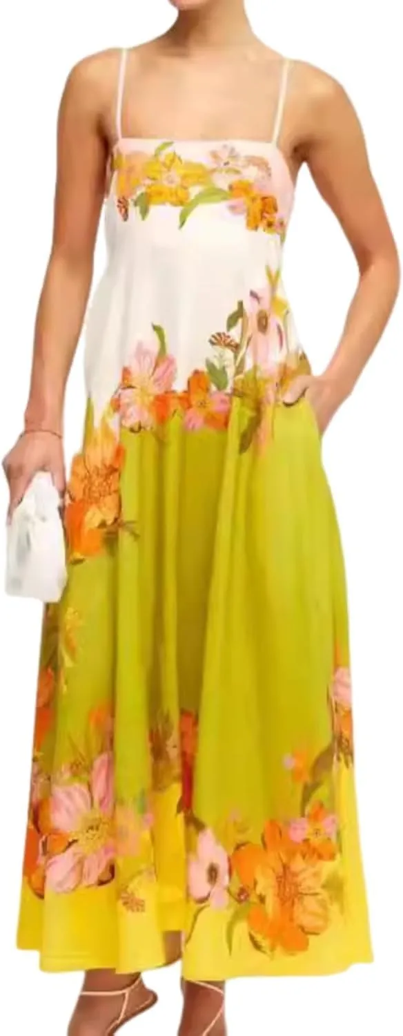 Spaghetti Strap Summer Maxi Dress 2024 Graphic Colorful Sun Dresses Vacation Maxi Sundress Flower Farm Boho Dresses (White/Yellow,Medium)