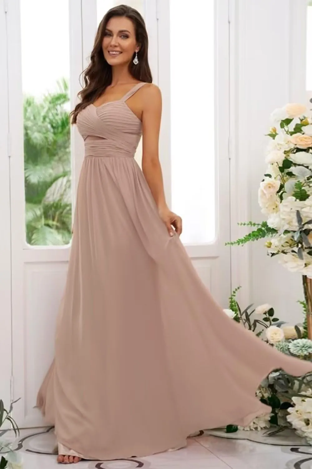 Spaghetti Straps Bridesmaid Dresses for Women with Slit Chiffon Long Formal Evening Dress for Wedding