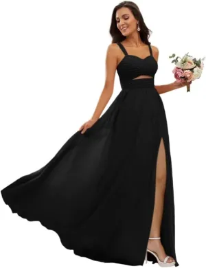 Spaghetti Straps Bridesmaid Dresses for Women with Slit Chiffon Long Formal Evening Dress for Wedding