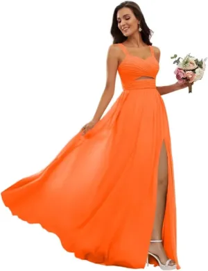 Spaghetti Straps Bridesmaid Dresses for Women with Slit Chiffon Long Formal Evening Dress for Wedding
