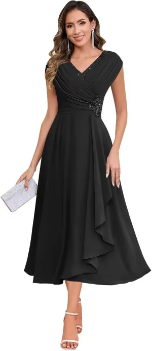 Sparkly Floral Mother of The Bride Dresses for Women Chiffon Ruffled Cap Sleeve Short Formal Wedding Guest Dress