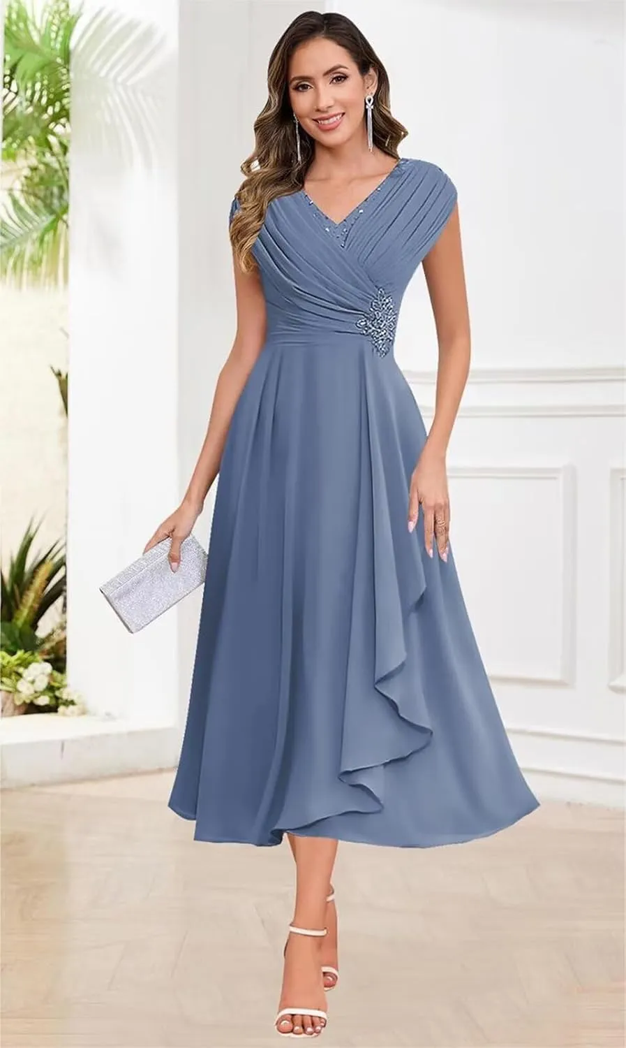Sparkly Floral Mother of The Bride Dresses for Women Chiffon Ruffled Cap Sleeve Short Formal Wedding Guest Dress