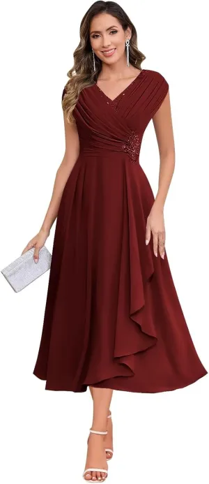 Sparkly Floral Mother of The Bride Dresses for Women Chiffon Ruffled Cap Sleeve Short Formal Wedding Guest Dress