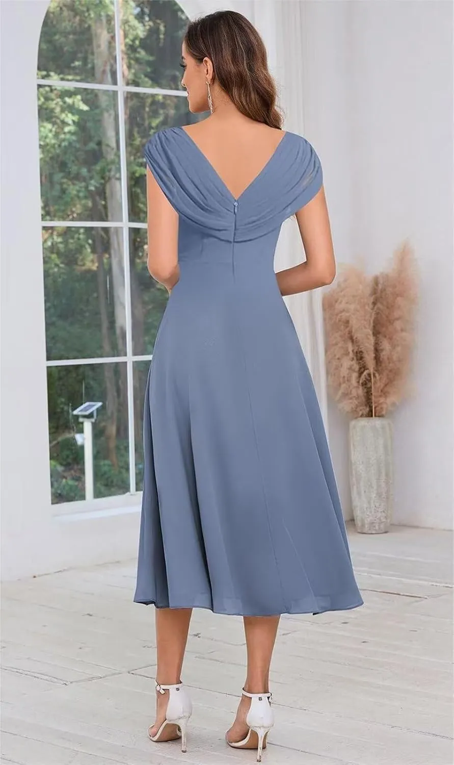 Sparkly Floral Mother of The Bride Dresses for Women Chiffon Ruffled Cap Sleeve Short Formal Wedding Guest Dress