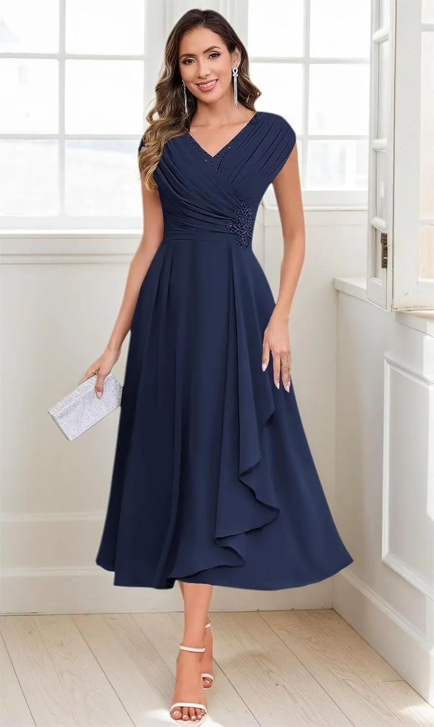 Sparkly Floral Mother of The Bride Dresses for Women Chiffon Ruffled Cap Sleeve Short Formal Wedding Guest Dress
