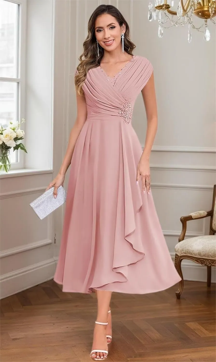 Sparkly Floral Mother of The Bride Dresses for Women Chiffon Ruffled Cap Sleeve Short Formal Wedding Guest Dress