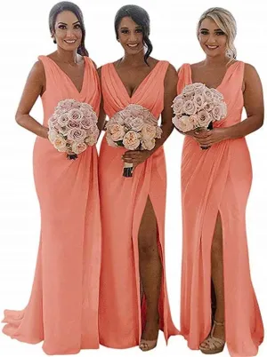 Split Bridesmaid Dresses Plus Size Long Chiffon Pleated Wedding Guest Formal Evening Gowns