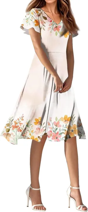 Spring Boho Dresses for Women 2025Semi Formales for Wedding Guest,Chiffon Midi Dress Below The Knee Length Dressess