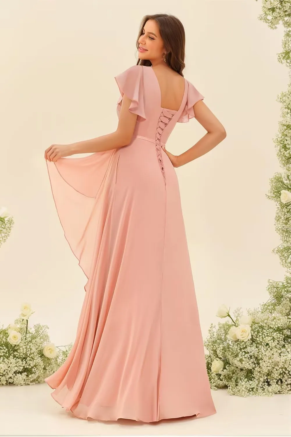 Square Neck Bridesmaid Dresses 2025 with Sleeve Long Chiffon Formal Evening Dress QA004