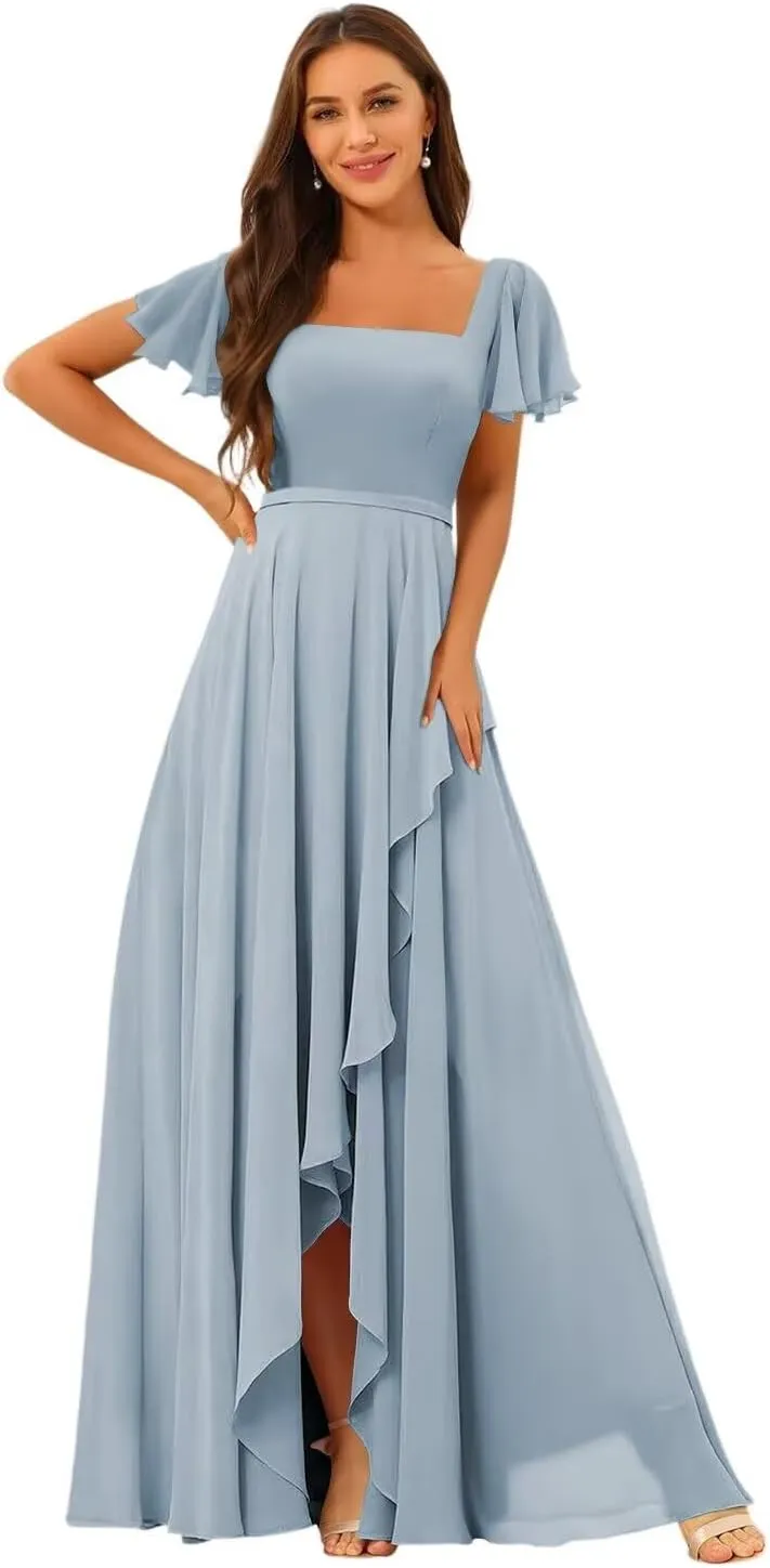Square Neck Bridesmaid Dresses 2025 with Sleeve Long Chiffon Formal Evening Dress QA004