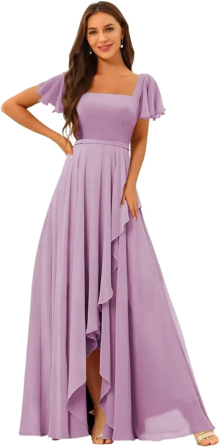 Square Neck Bridesmaid Dresses 2025 with Sleeve Long Chiffon Formal Evening Dress QA004