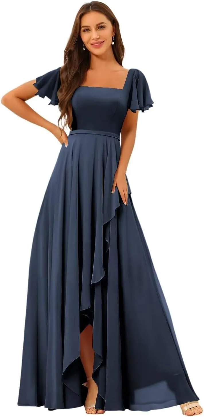 Square Neck Bridesmaid Dresses 2025 with Sleeve Long Chiffon Formal Evening Dress QA004