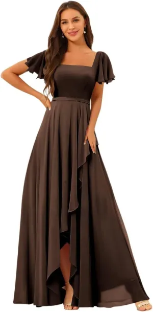 Square Neck Bridesmaid Dresses 2025 with Sleeve Long Chiffon Formal Evening Dress QA004
