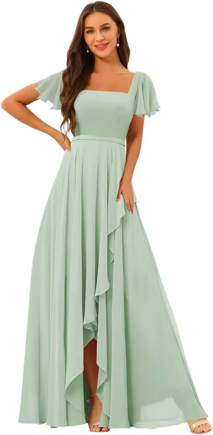 Square Neck Bridesmaid Dresses 2025 with Sleeve Long Chiffon Formal Evening Dress QA004