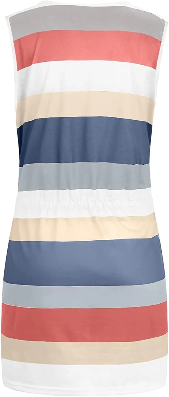 Striped Beach Dresses for Women Summer Sleeveless Sundress V Neck Drawstring Waist Mini Dress with Pocket 2025 New