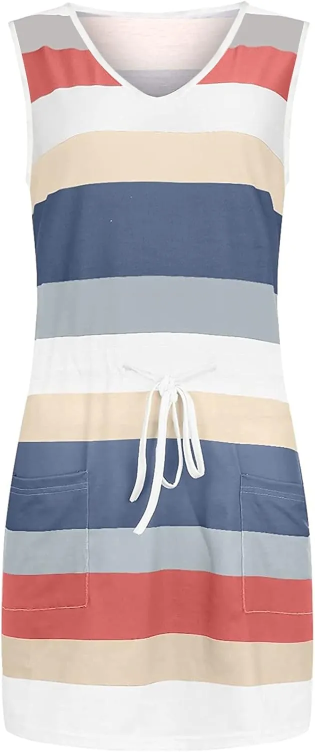 Striped Beach Dresses for Women Summer Sleeveless Sundress V Neck Drawstring Waist Mini Dress with Pocket 2025 New