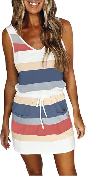 Striped Beach Dresses for Women Summer Sleeveless Sundress V Neck Drawstring Waist Mini Dress with Pocket 2025 New
