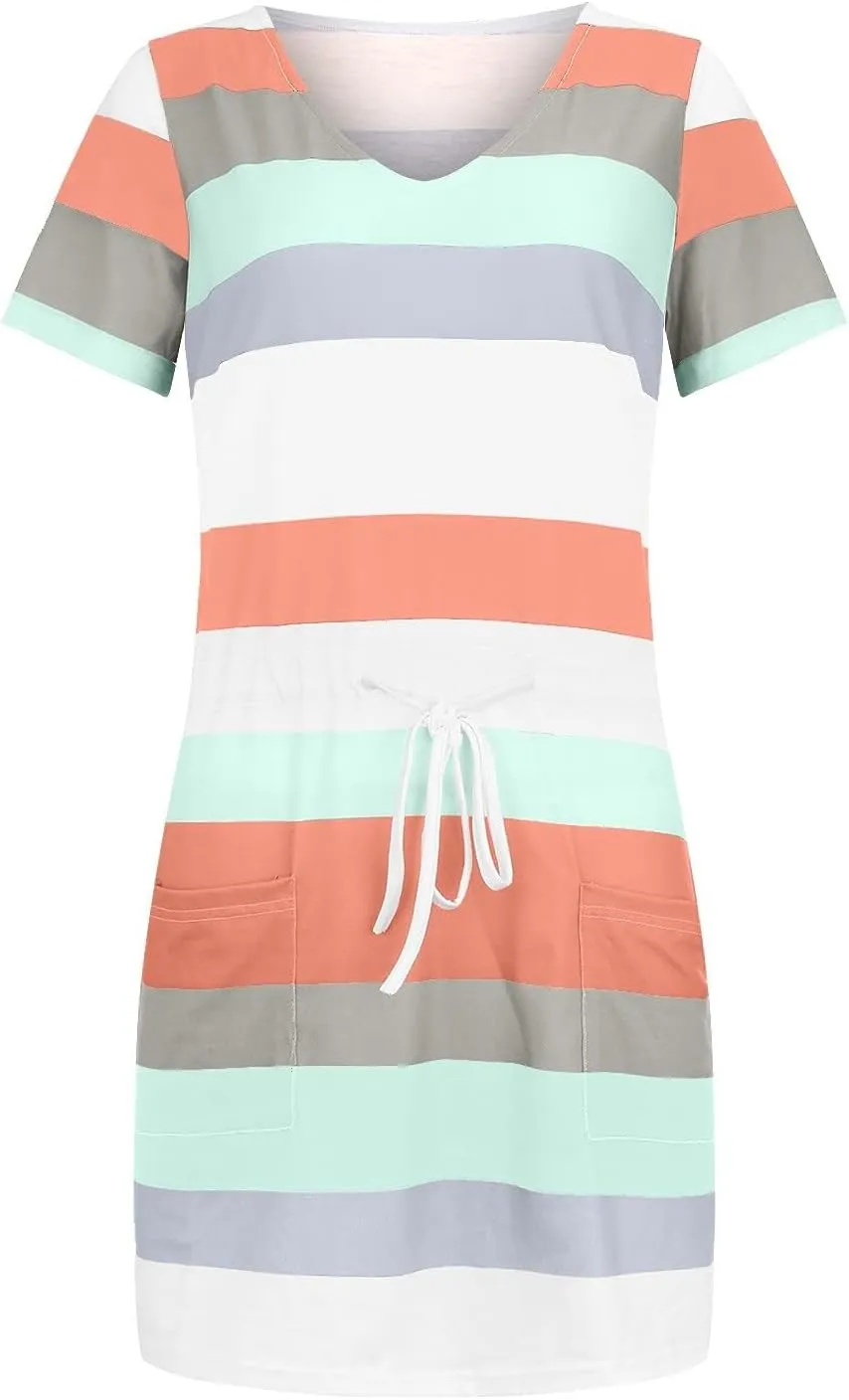 Striped T Shirt Dresses for Women Summer Causal Loose Crew Neck Drawstring Waist Mini Short Dress with Pockets