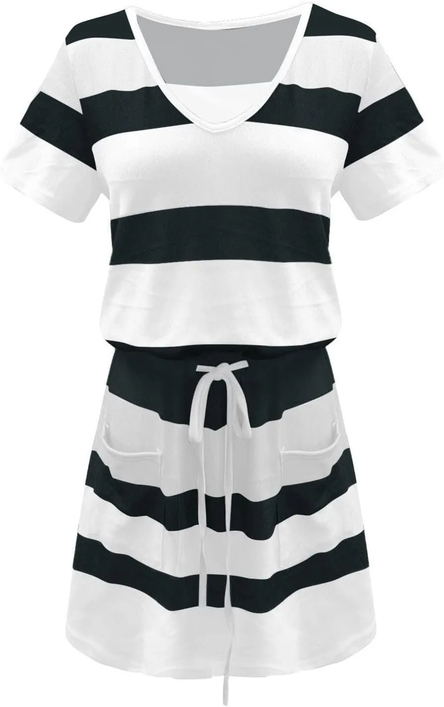 Striped T Shirt Dresses for Women Summer Causal Loose Crew Neck Drawstring Waist Mini Short Dress with Pockets
