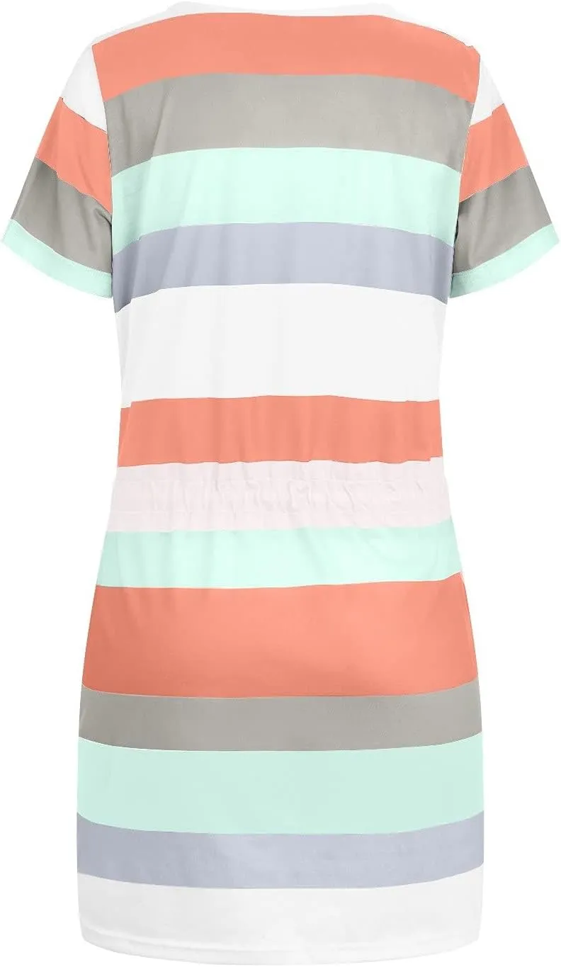 Striped T Shirt Dresses for Women Summer Causal Loose Crew Neck Drawstring Waist Mini Short Dress with Pockets