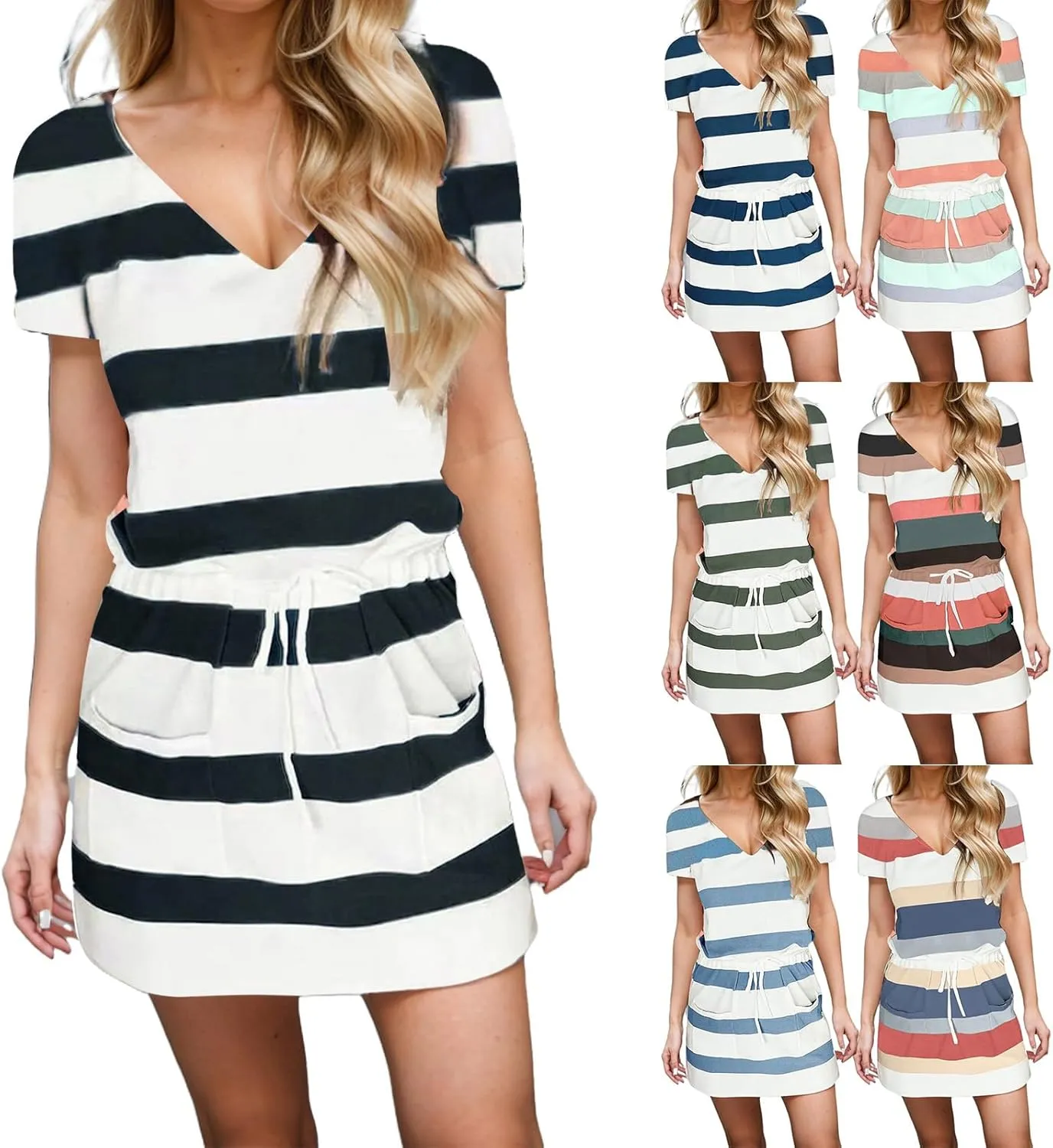 Striped T Shirt Dresses for Women Summer Causal Loose Crew Neck Drawstring Waist Mini Short Dress with Pockets