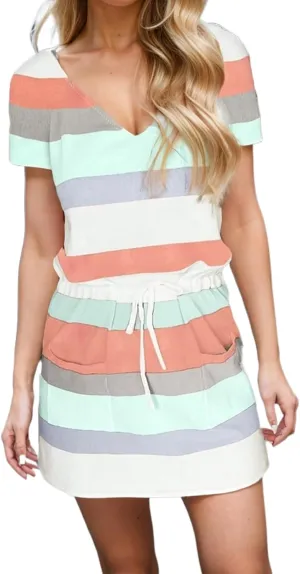 Striped T Shirt Dresses for Women Summer Causal Loose Crew Neck Drawstring Waist Mini Short Dress with Pockets