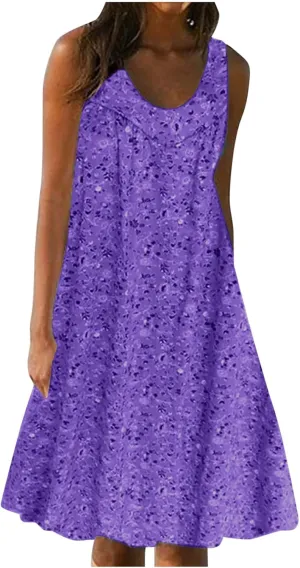 Summer Beach Sundress for Women 2024 Trendy Loose Sleeveless Solid Floral Dress Fashion Casual Flowy Tank Dresses