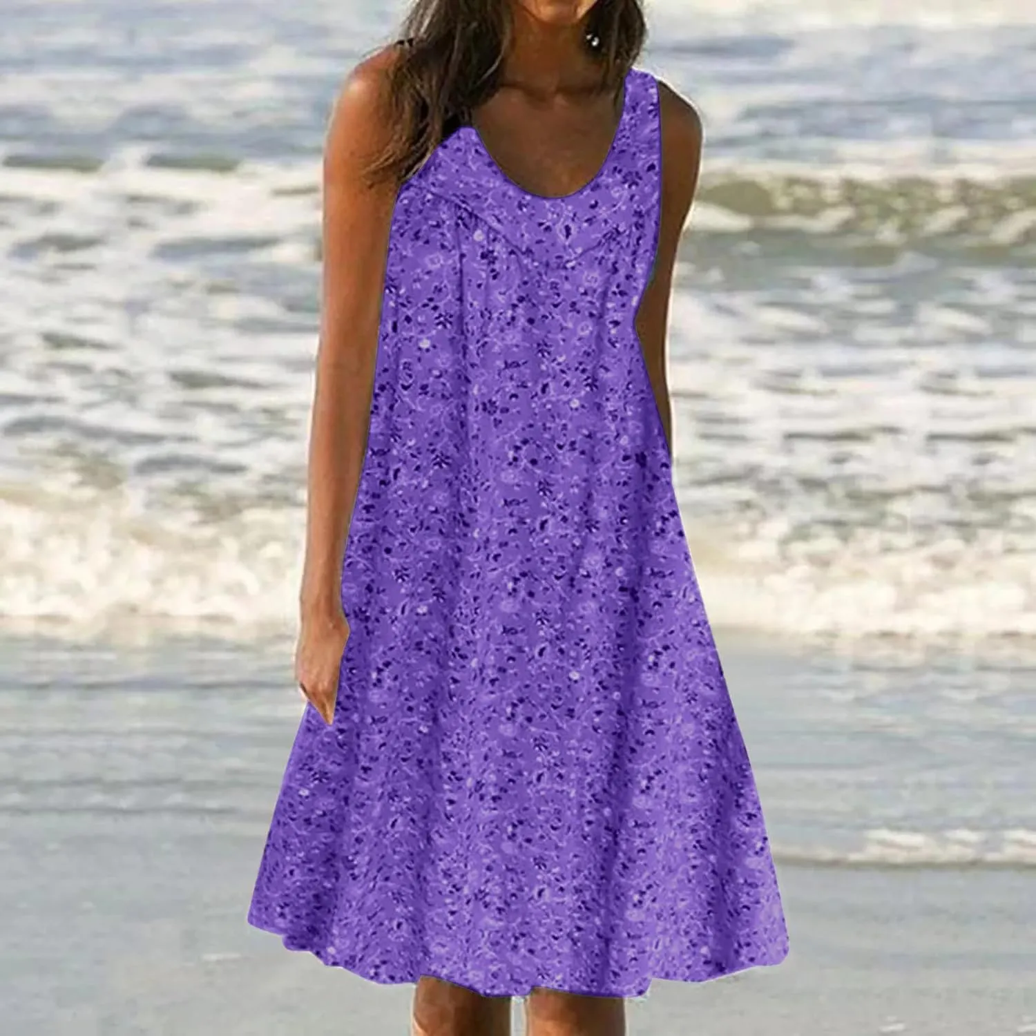 Summer Beach Sundress for Women 2024 Trendy Loose Sleeveless Solid Floral Dress Fashion Casual Flowy Tank Dresses