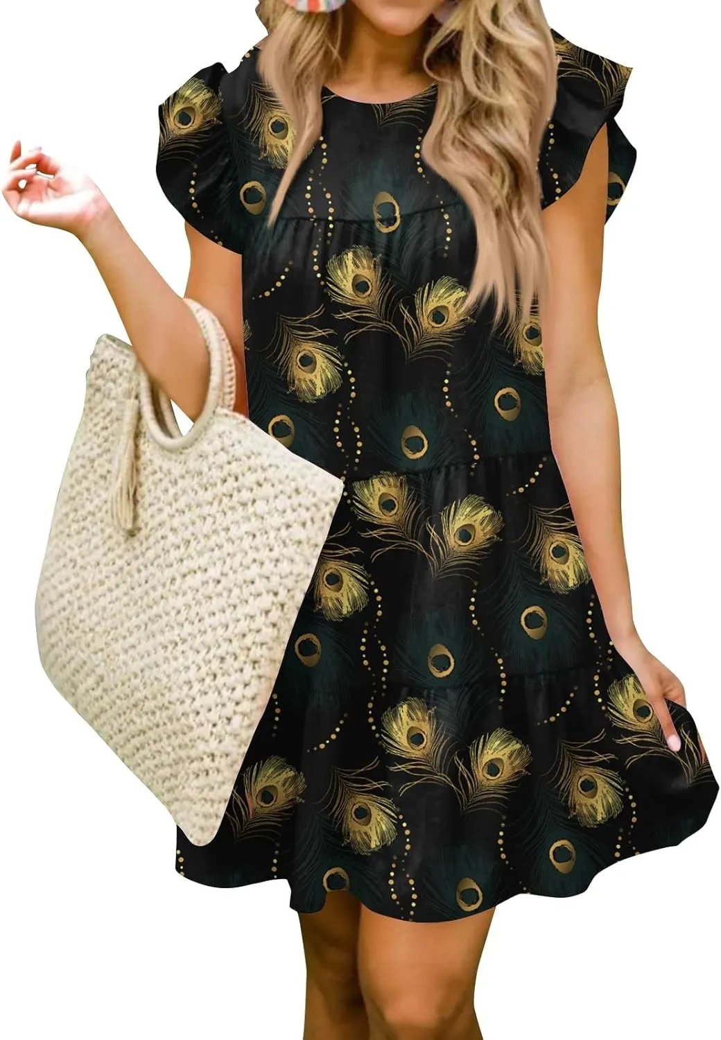 Summer Dresses Cute Boho Floral Ruffle Sleeve Babydoll Pleated Mini Dress Elegant Garden Party Dress