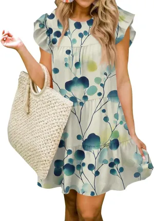Summer Dresses Cute Boho Floral Ruffle Sleeve Babydoll Pleated Mini Dress Elegant Garden Party Dress