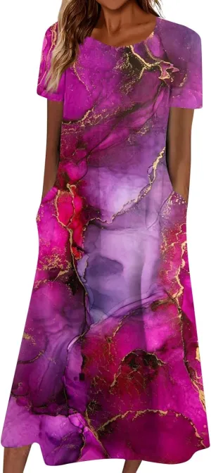 Summer Dresses for Women 2024 Pocket Short Sleeve Beach Dress Printed Pleated Dresses Round Neck Comfy Maxi Dress