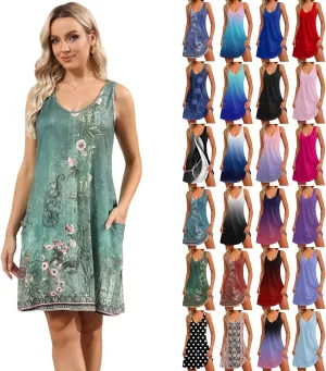 Summer Dresses for Women 2025 Beach Casual Plus Size Floral Sundresses Sleeveless Tshirt Swing Dress with Pockets