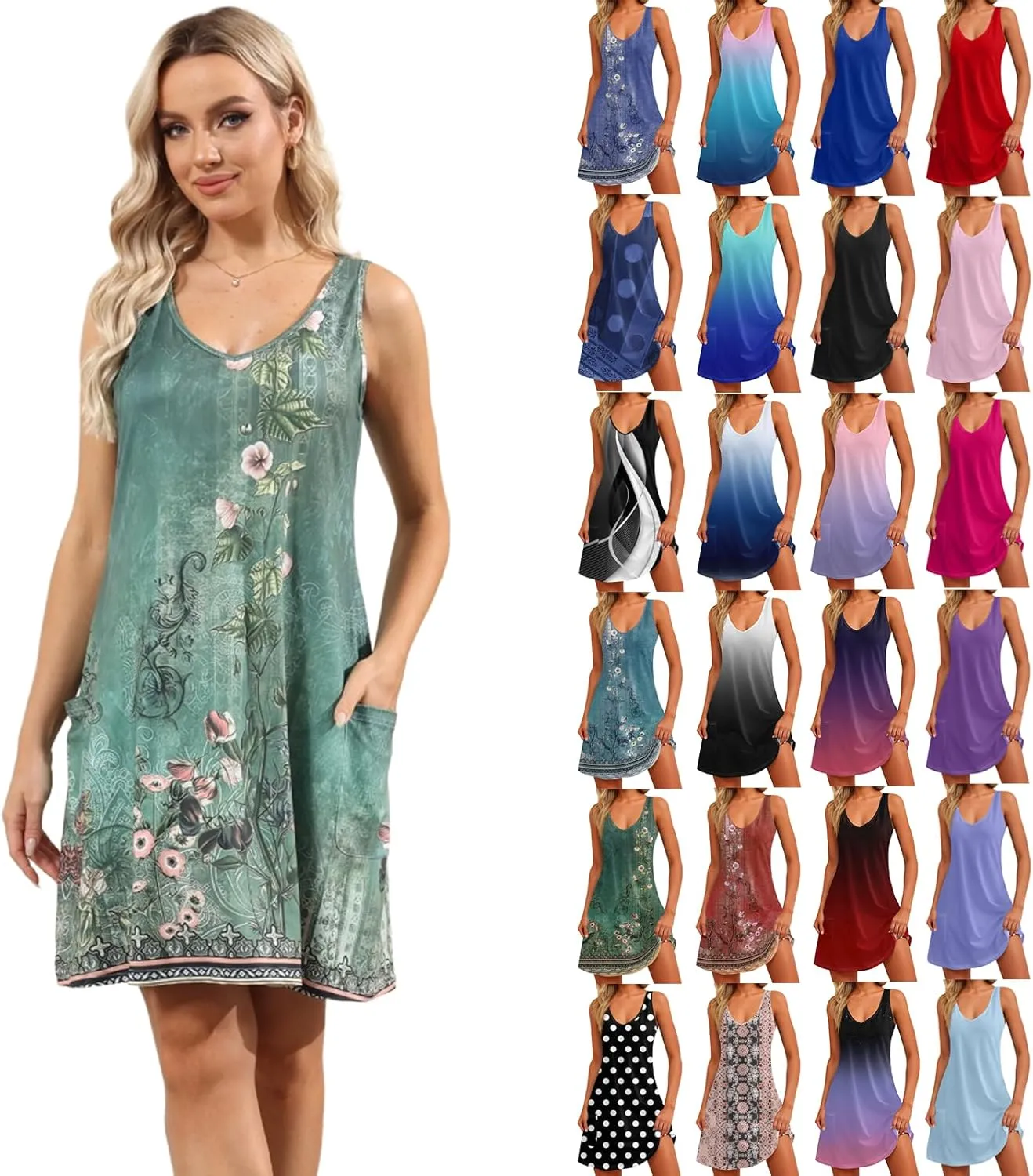 Summer Dresses for Women 2025 Beach Casual Plus Size Floral Sundresses Sleeveless Tshirt Swing Dress with Pockets