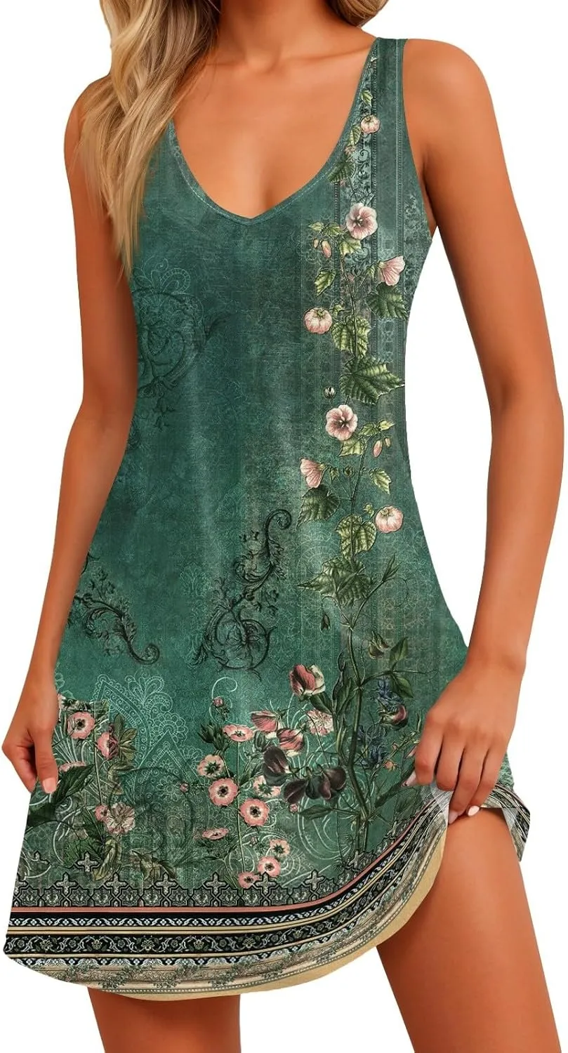 Summer Dresses for Women 2025 Beach Casual Plus Size Floral Sundresses Sleeveless Tshirt Swing Dress with Pockets