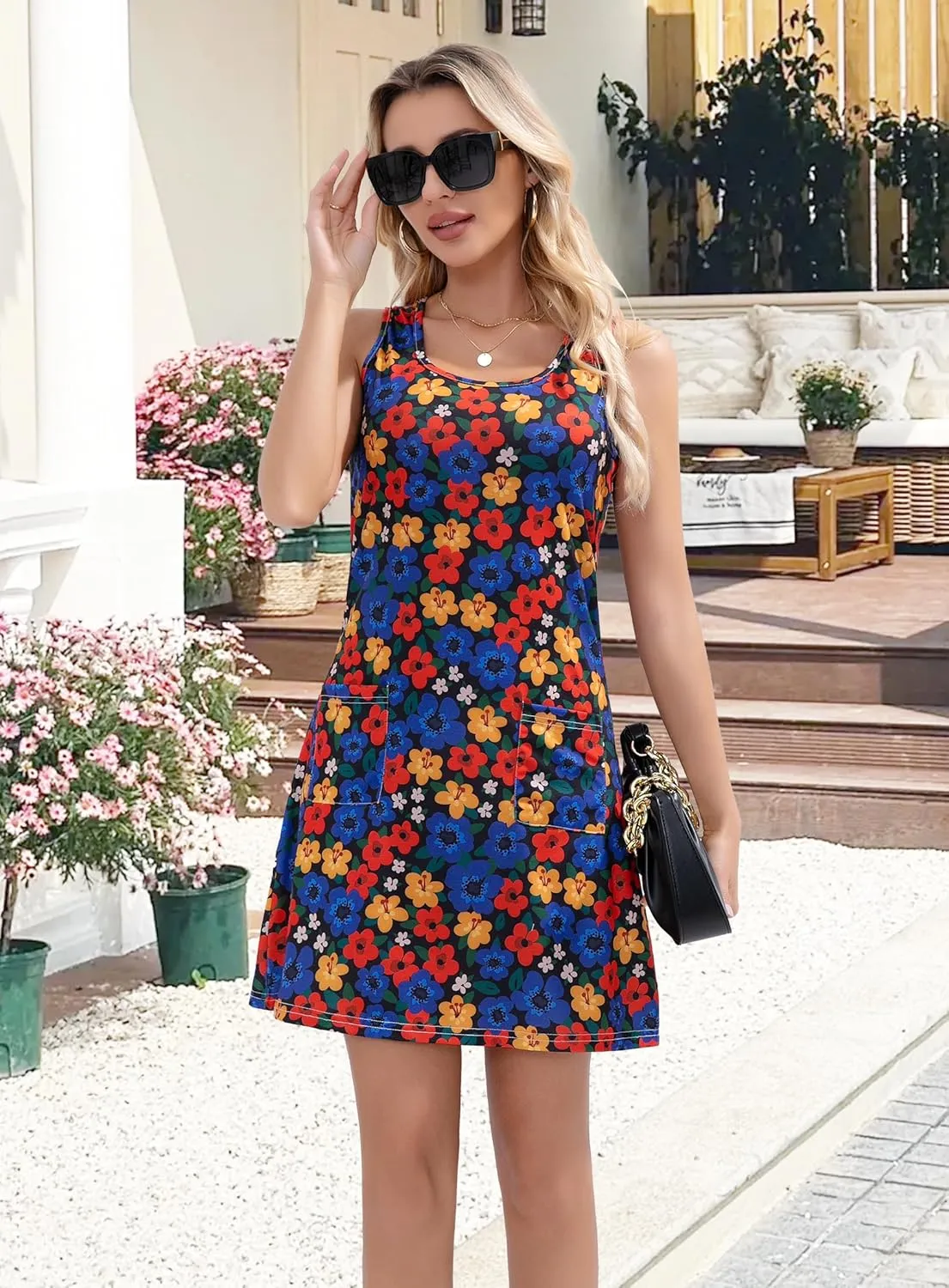 Summer Dresses for Women 2025 Beach Casual T Shirt Dress Loose U Neck Sleeveless Floral Sundresses with Pockets