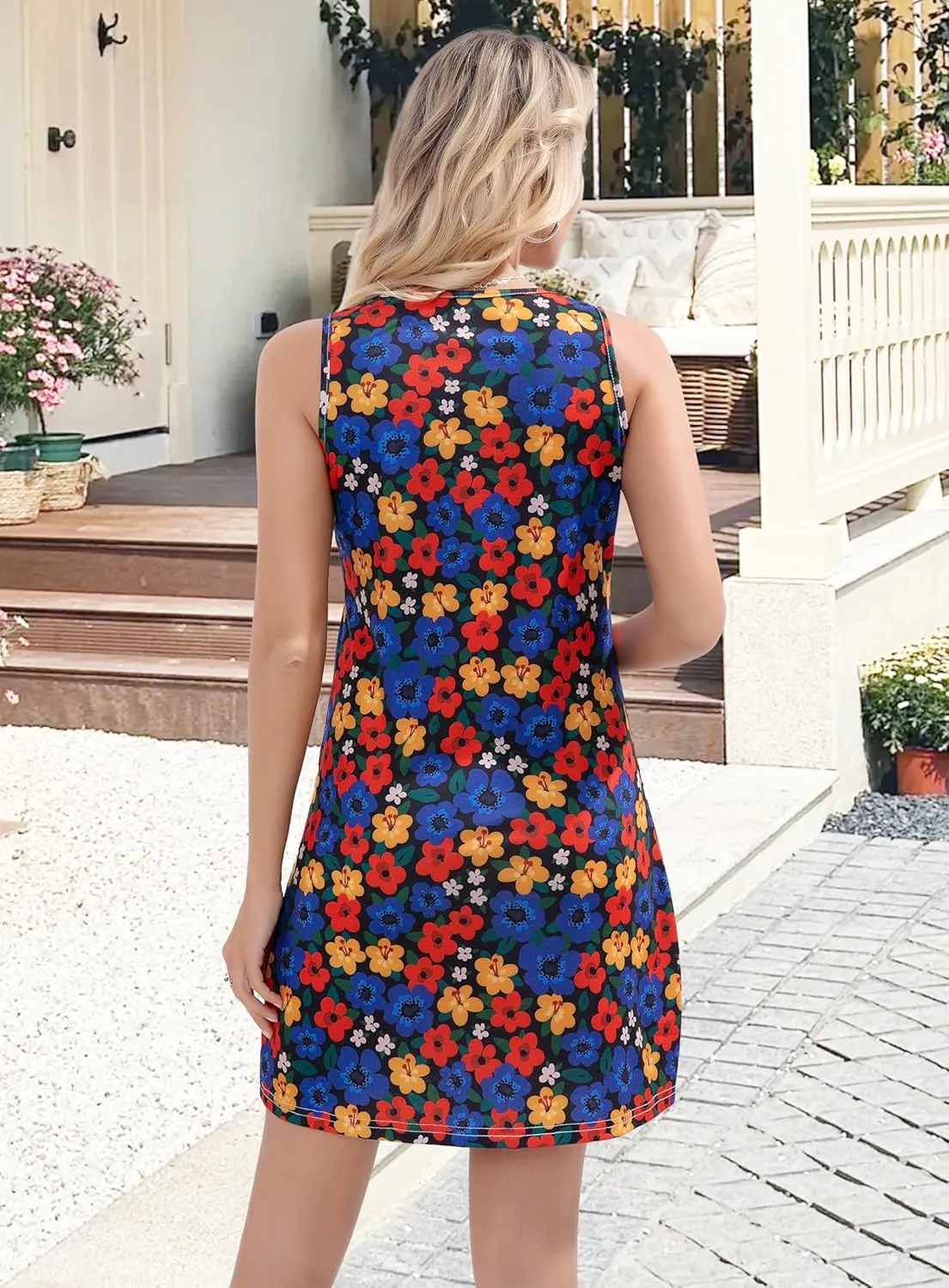 Summer Dresses for Women 2025 Beach Casual T Shirt Dress Loose U Neck Sleeveless Floral Sundresses with Pockets