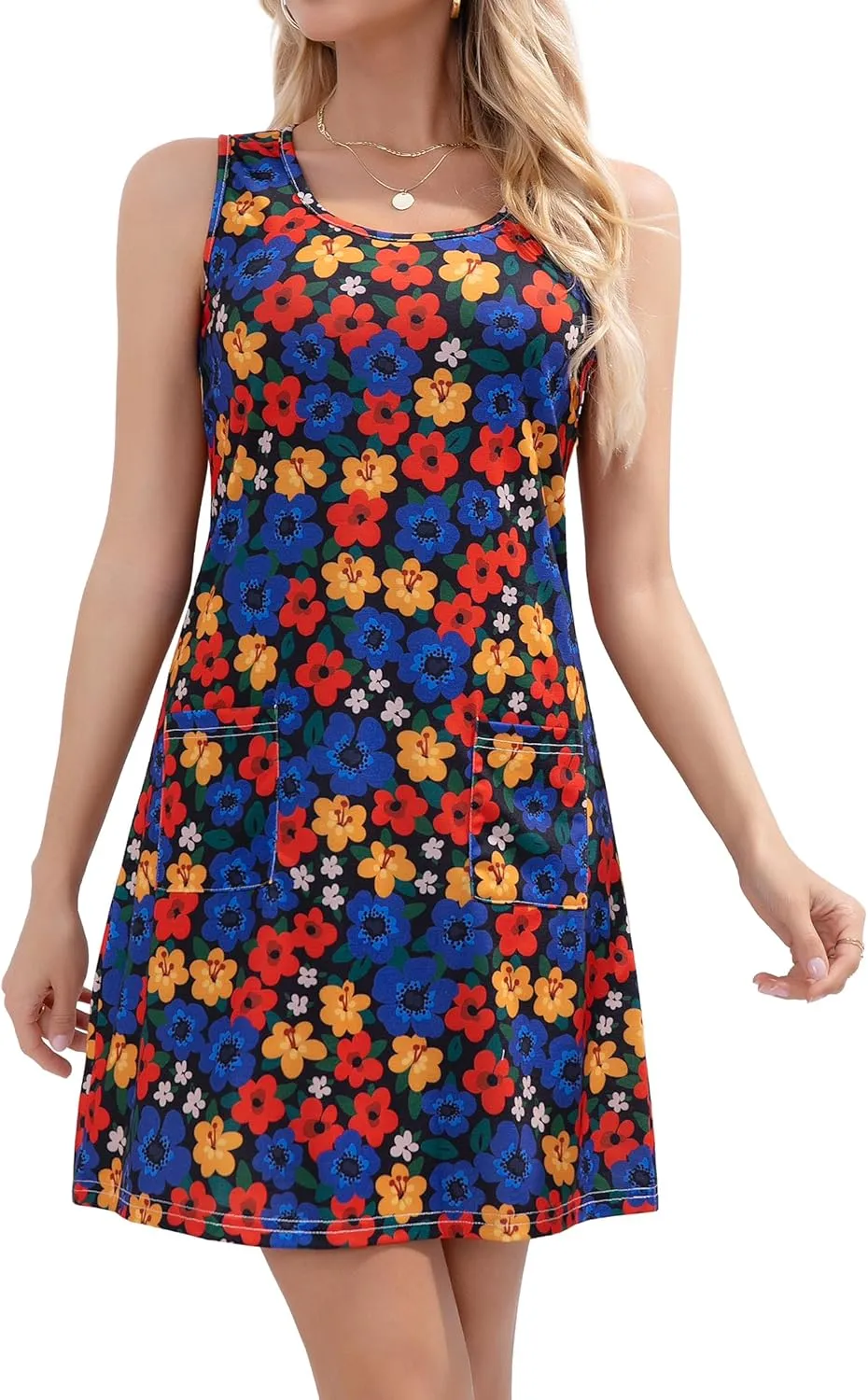 Summer Dresses for Women 2025 Beach Casual T Shirt Dress Loose U Neck Sleeveless Floral Sundresses with Pockets