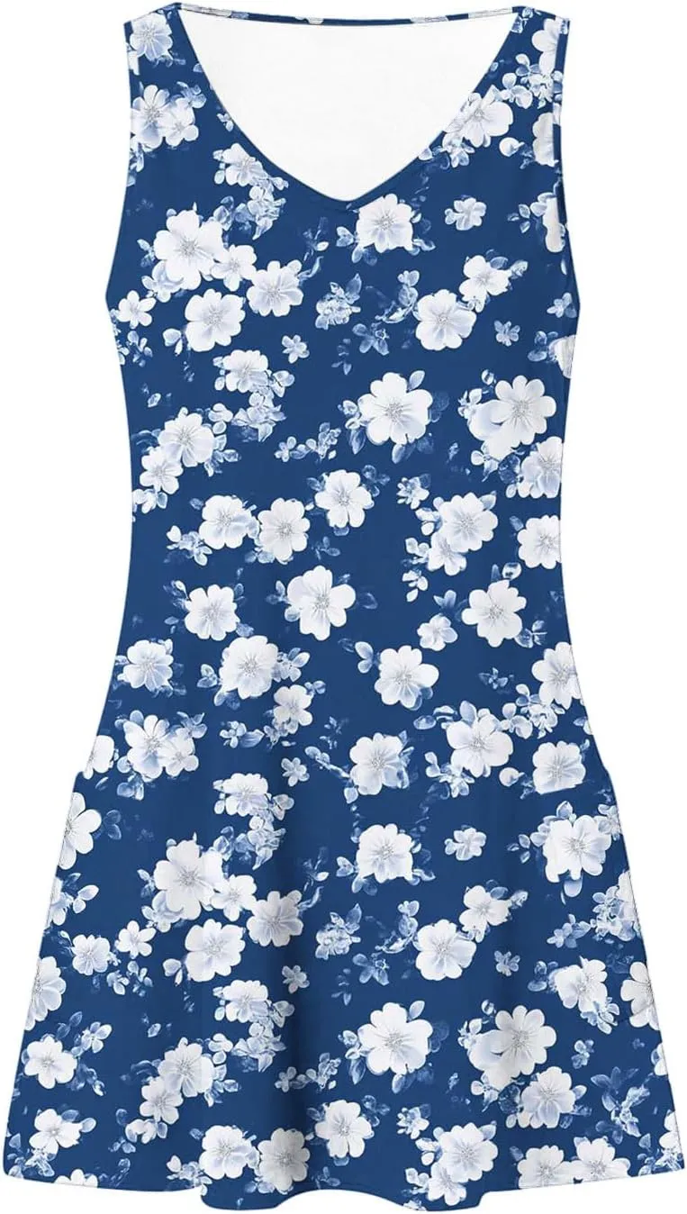 Summer Dresses for Women 2025 Casual Sleeveless Sundresses Floral V Neck Beach Dress Loose Shirt Dress with Pockets