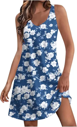 Summer Dresses for Women 2025 Casual Sleeveless Sundresses Floral V Neck Beach Dress Loose Shirt Dress with Pockets