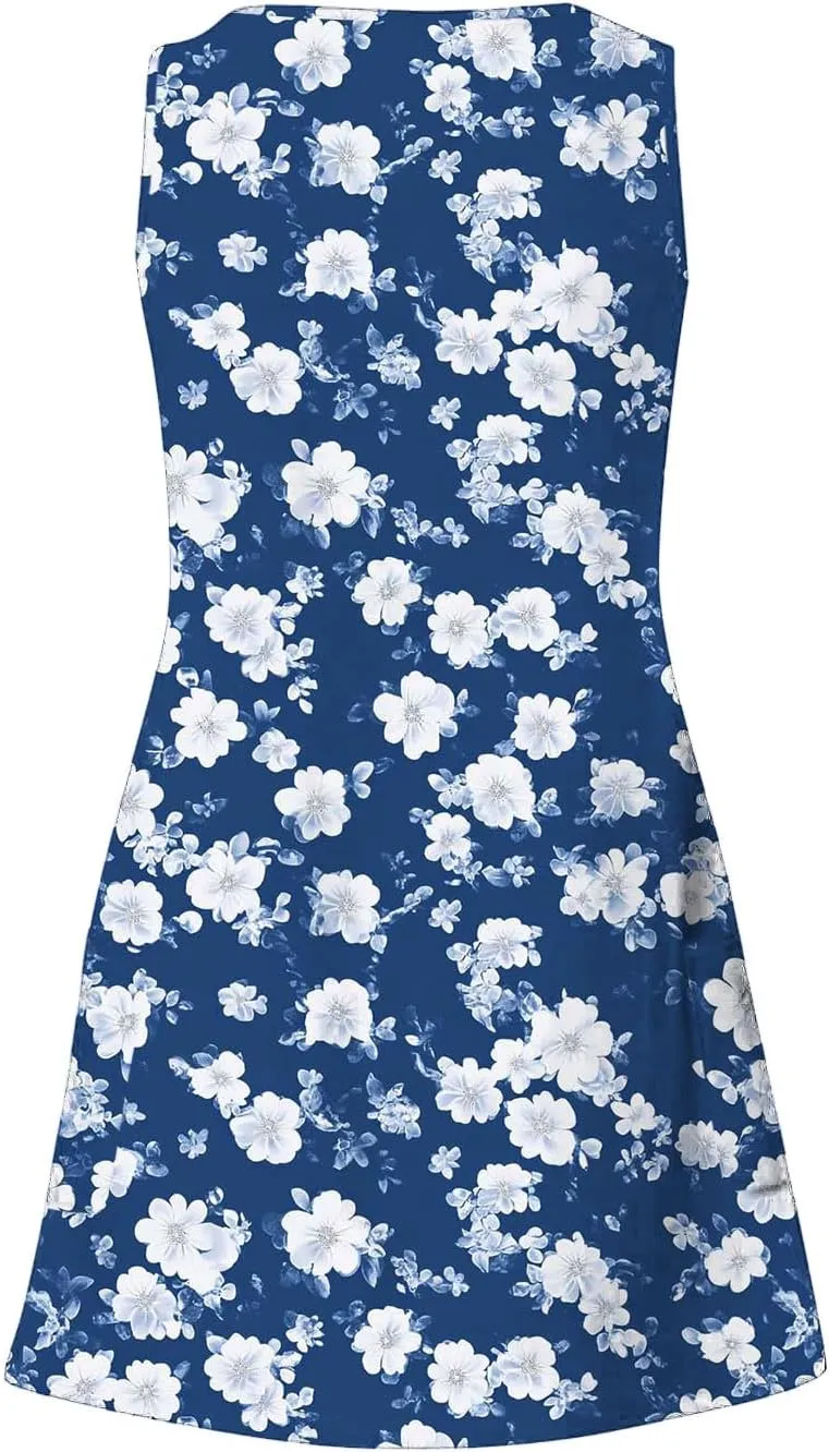 Summer Dresses for Women 2025 Casual Sleeveless Sundresses Floral V Neck Beach Dress Loose Shirt Dress with Pockets